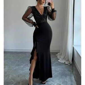 Luxe Black Sequin V neck Semi Sheer Long Sleeve Party Evening Gown Dress